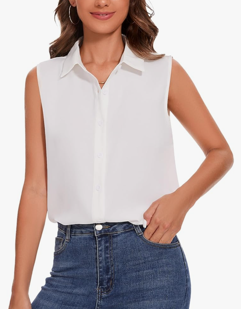 YAMANMAN Womens Sleeveless Button Down Shirt Classic Collared Blouse Basic Tank Tops Work Office Chiffon Tops S, White