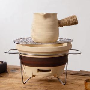 ZaH Tea Kettle with Warmer Set - 0.5L Ceramics Handle Teapot and Clay Tea Stove Mini BBQ Grill - Japanese Vintage Teapot Set