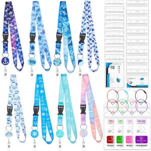 8 Pack Cruise Lanyards Set for Ship Cards, with Retractable Badge Reel Waterproof Luggage Tag Holders Id Card Holders, Sea-Themes Pattern for All Cruises Ticket Key Cards Luggage Tag (Blue)