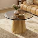 15.8" Small Round Side Table for Small Spaces, Farmhouse Fluted End Table with Glass Top, Modern Accent Table, Tambour Design Conical Bace Coffee Table with Natural Finish