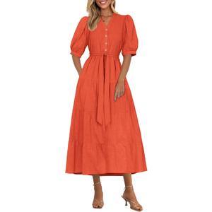 PRETTYGARDEN Summer Dresses for Women 2026 Elegant Classy Short Sleeve V Neck Ruffle A Line Belted Long Beach Vacation Dress (Red), Large