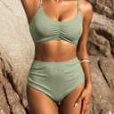 Herseas Women's Loop Straps Bikini Sets 2 Piece Shine Ribbed Swimsuits Ruched High Waisted Bathing Suits (Green, XL)