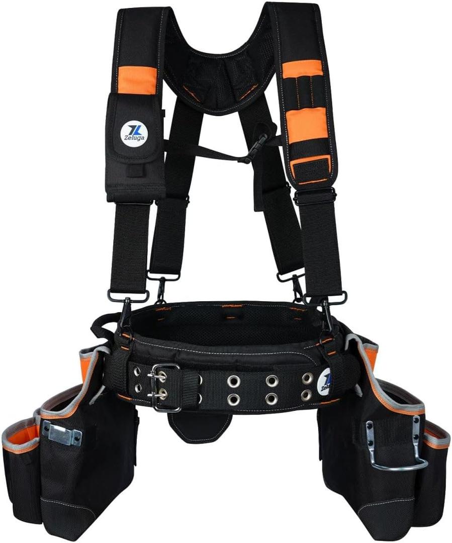 20-216 Multiple Large Pockets Tool belts for men with Suspenders, 4" Padded toolbelt, Steel Hammer Holster, Carpenter Tool Pouch, Professional Tool Vest for men Construction, Black/Orange (One Size)