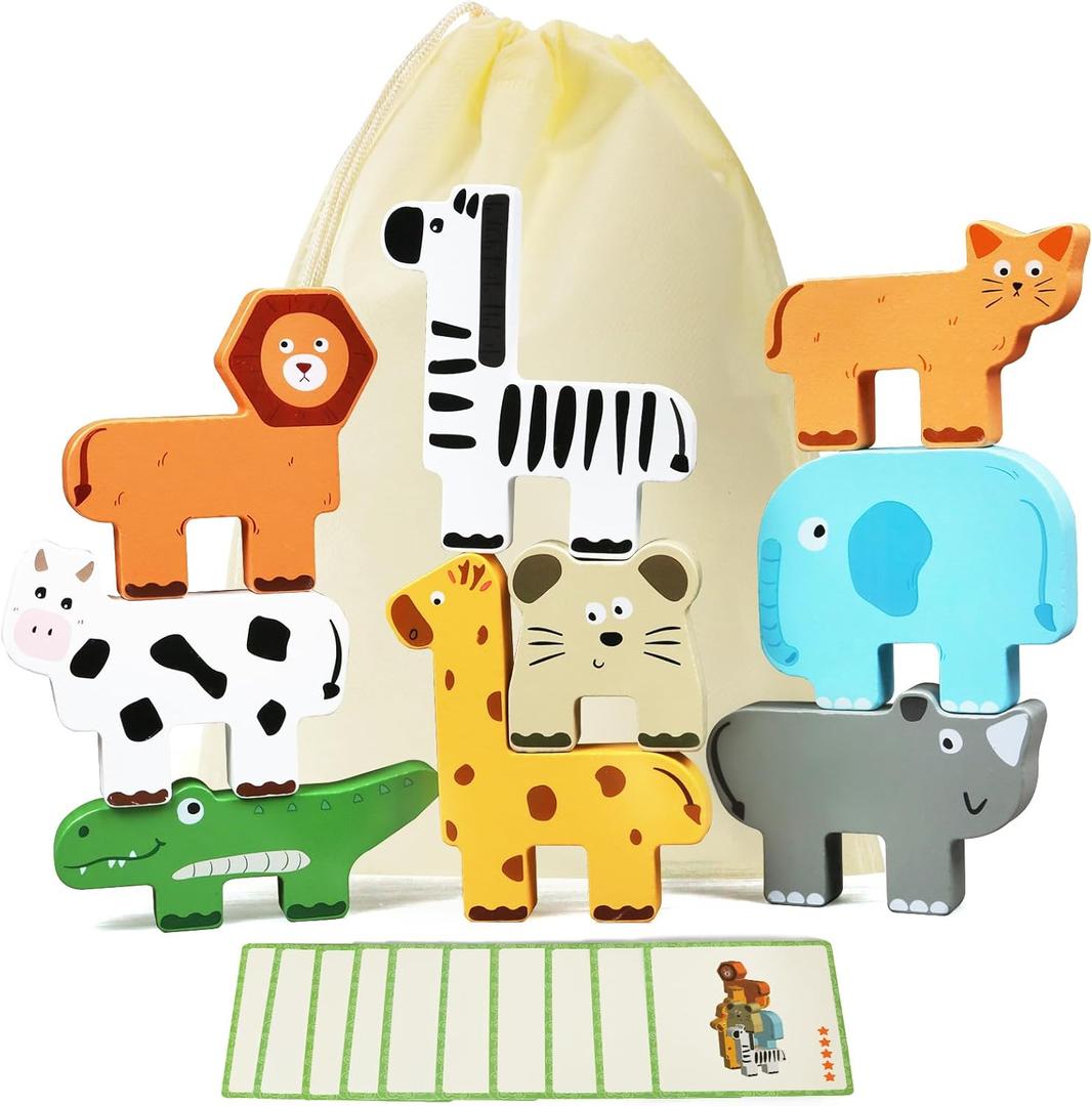 Wooden Animal Stacking Puzzle Toy, Educational Balancing Activity Toy for Kids, Wooden Zoo Animal Building Blocks Stacker & Bag, Stacking and Balance Toys for Toddlers 2-4 Years