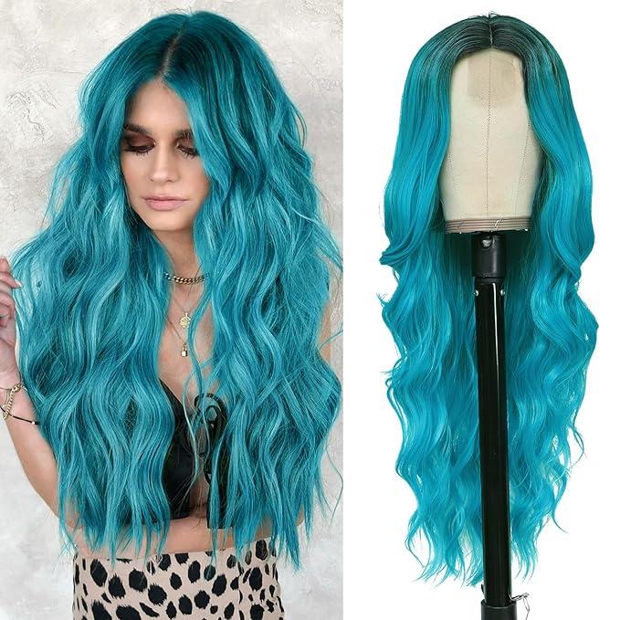 NAYOO Long Ombre Bluish Green Wavy Wig for Women 26 Inch Middle Part Curly Wavy Wig Natural Looking Synthetic Heat Resistant Fiber for Daily Party Use (Ombre Bluish Green)