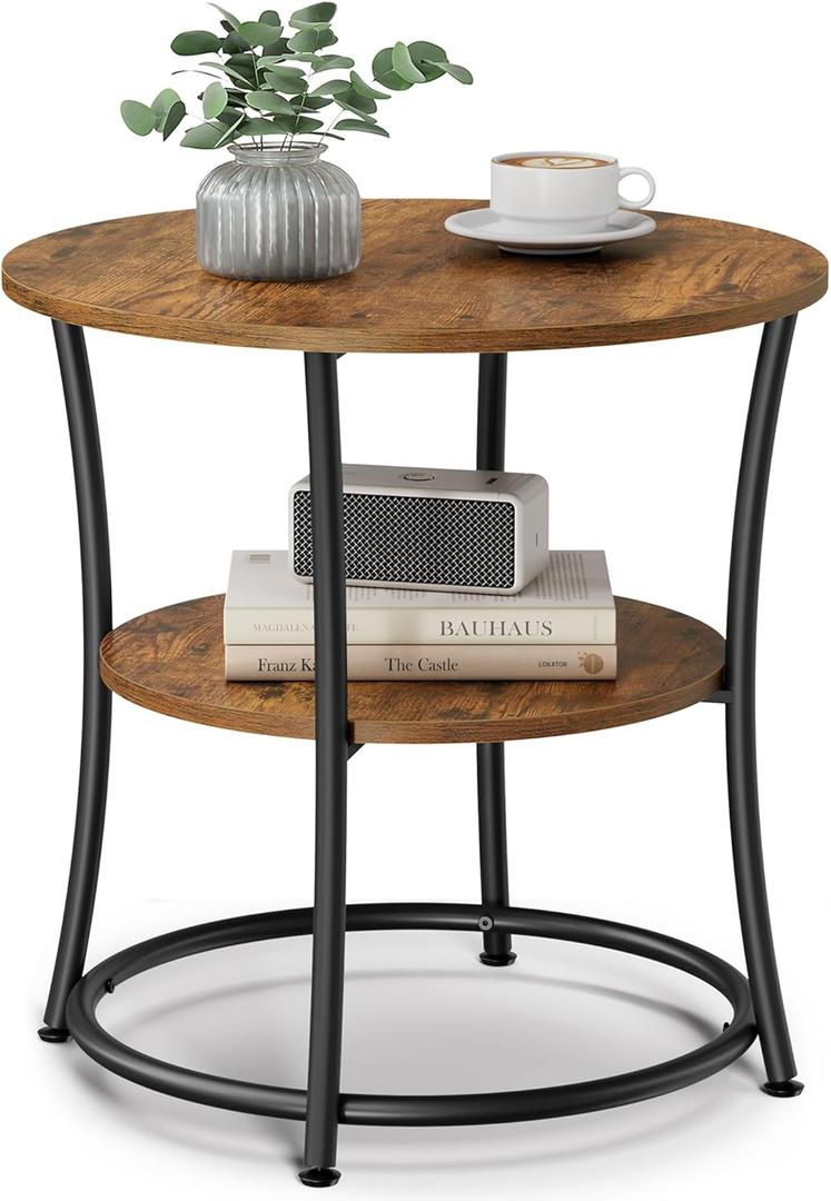 VASAGLE Side Table, 2-Tier Round End Table, Nightstand with Steel Frame for Small Spaces, Living Room, Bedroom, Rustic Brown and Ink Black