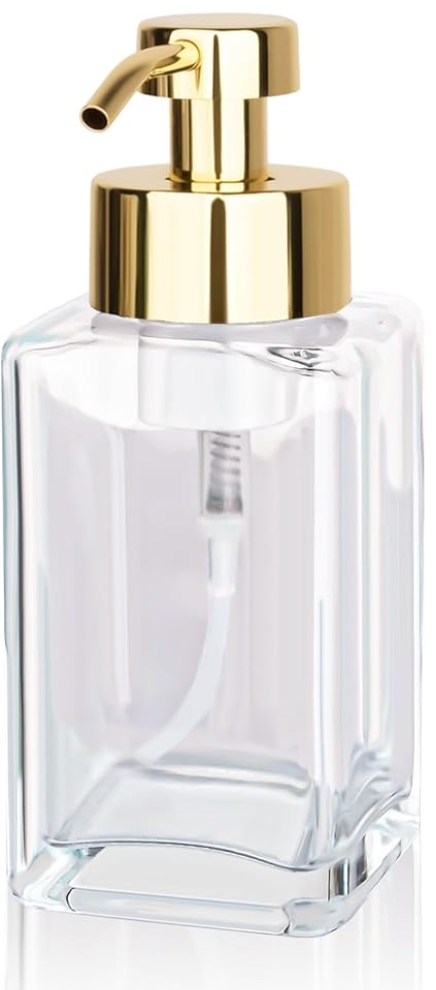 Foaming Soap Dispenser with Stainless Steel Pump, 12oz Refillable Glass Liquid Dish Soap Bottles for Bathroom, Kitchen Sink, Home Decor