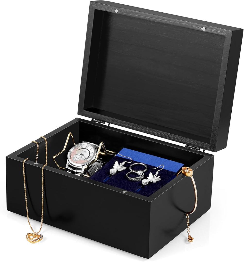 DRASTAR Small Keepsake Box, Black Wood Memory Box with Hinged Lids, Wooden Jewelry Storage Box,3x5, 4x6 Decorative Card Box, Bridal Shower Gifts