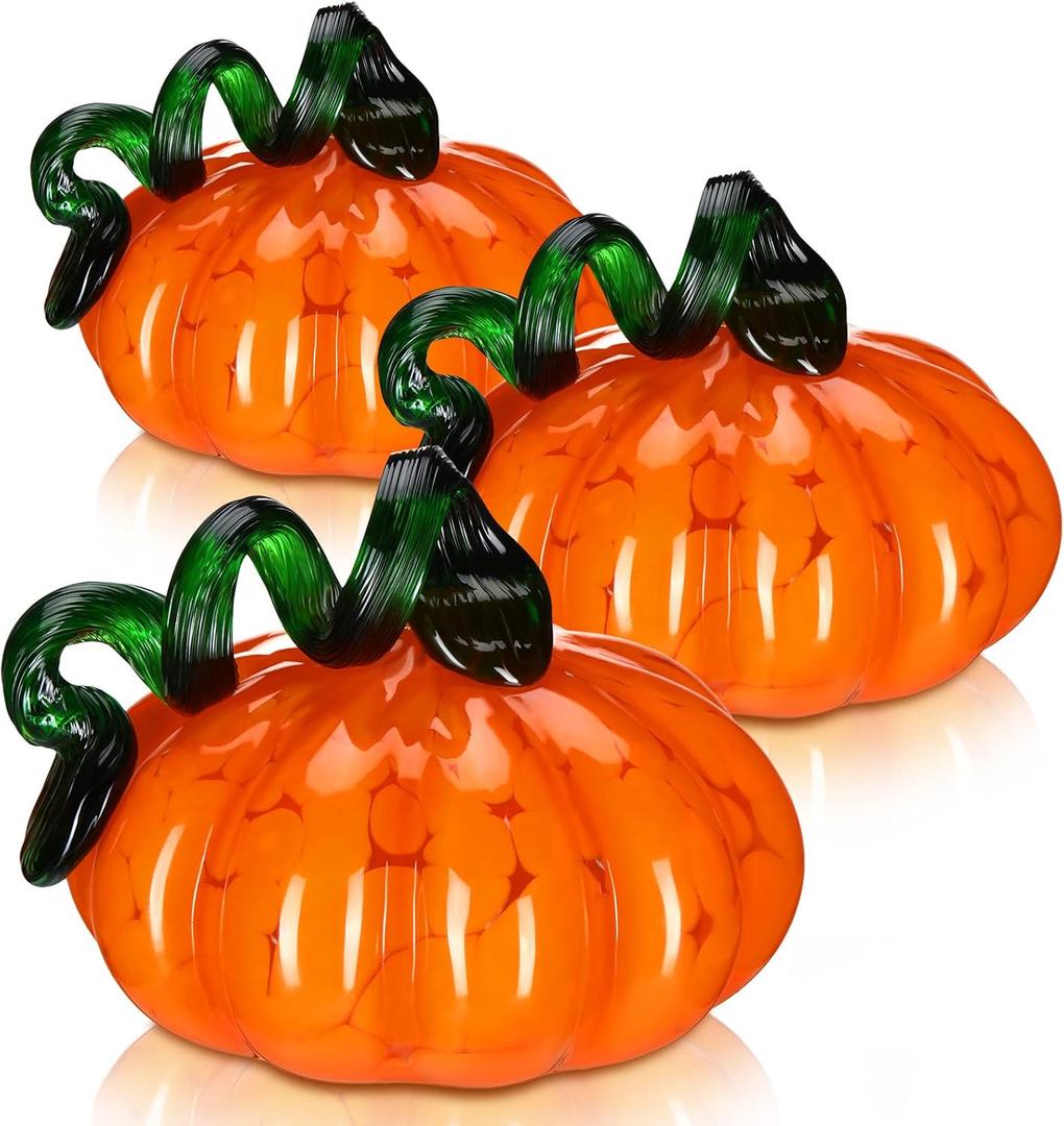 4 Inch Glass Pumpkins 3 Pcs Halloween Blown Glass Pumpkin Decorations Fall Table Centerpiece Small Figurine Decoration Nov 1st All Saints' Day Decoration