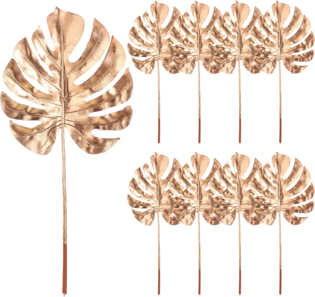 8 Pcs Artificial Gold Palm Leaves Plants 23.6 Inch Large Plastic Tropical Palm Leaves Fake Floral Boho Gold Leaf Flowers for Wedding Party Garland Home Vase Hawaiian Luau Party Decoration, Turtle Leaf