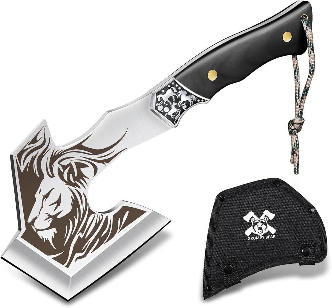 Grumpy Bear Tactical Axe, Camping Survival Hatchet, Full Tang Tomahawk with Sheath, Multifunctional Outdoor Hiking Heavy Duty Hatchet for Emergency, Hiking and Camping, for Men Women (11inch, 003)