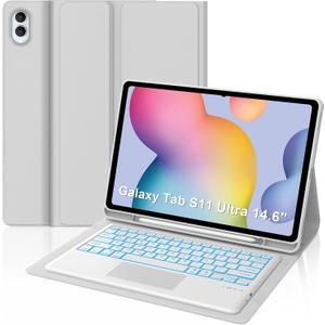 for Samsung Galaxy Tab S11 Ultra 14.6 inch Keyboard Case, 7 Colors Backlit, Multi-Gesture Smart Touchpad, Detachable Bluetooth Wireless Trackpad Keyboard Slim PU Stand Cover with Pencil Holder, Gray
