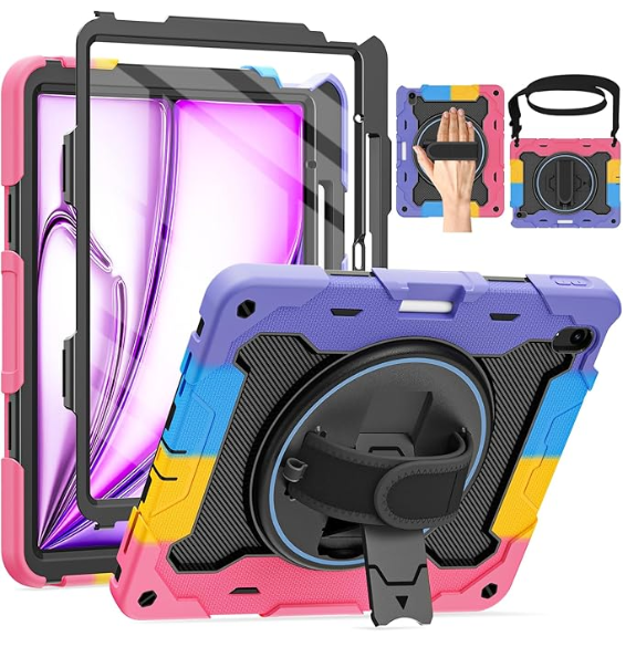 ROSROME for iPad Air 13 Inch Case M4 / M3 / M2 (2026/2025 / 2024), Heavy Duty Shockproof Protective Case with Screen Protector, 360° Rotating Stand, Hand/Shoulder Strap and Pen Holder