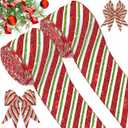 2 Rolls 20 Yards Christmas Wired Edge Candy Cane Glitter Ribbons - 2.5 Inch, Gift Wrapping, DIY Craft for Christmas Tree & Birthday Party Decorations (White, Red, Green)