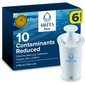 Brita Plus Water Filter, BPA-Free, High-Density Replacement Filter for Pitchers and Dispensers, Reduces 2x Contaminants*, Lasts Two Months or 40 Gallons, Includes 6 Filters