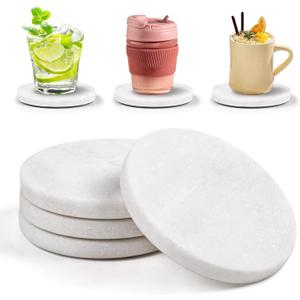 White Marble Coasters with Bling Particles, Set of 4 - Natural Marble Stone Drink Coaster with Protective Silicone Feet, 4 inch Diameter, 0.4 inch Thick - Heat-Resistant Coasters for Coffee Table