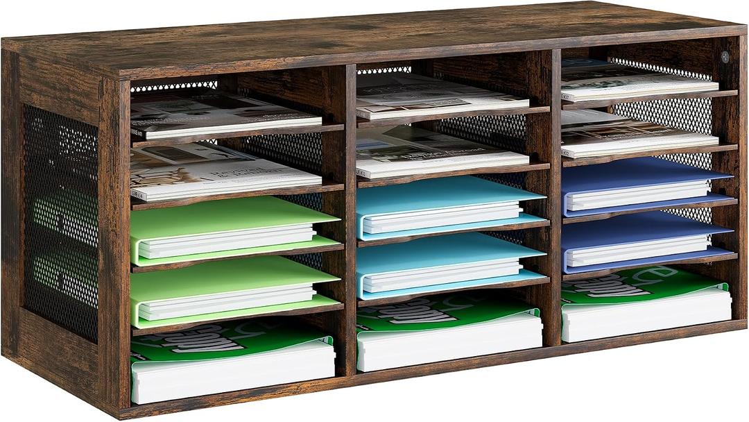 Mail Sorter Organizer, Wood Literature Organizer, Student Mailbox for Classroom, Desktop Bill Paper Organizer for Office Home School, 15 Compartments, Antique Brown