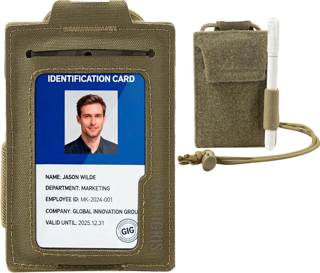 Tactical ID Badge Holder with Lanyard - Slim RFID Blocking Card Holder with Hook & Loop Back & 2 Card Slots Credit Card Organizer for Men (Brown)