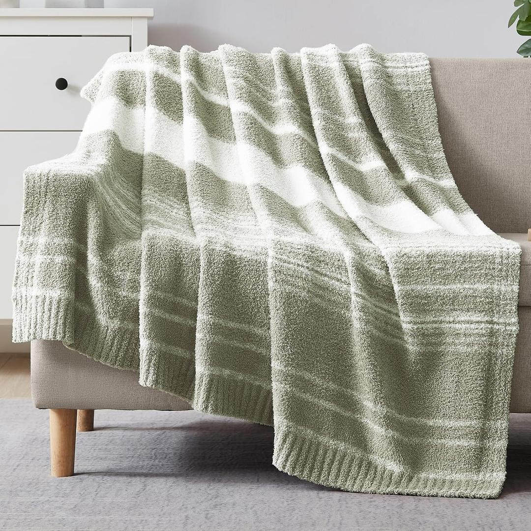 WRENGONGE Sage Green Throw Blanket, 50x70 Soft Cozy Striped Throw Blankets for Couch, Sofa, Bed, Travel, Lightweight Fluffy Warm Plush Decorative Blankets for Women, Men Gift