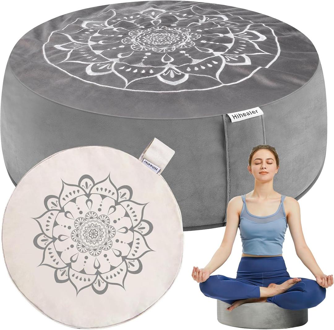 Hihealer Meditation Cushion, Traditional Tibetan Meditation Pillow Velvet Cover - Large Floor Cushion Seating for Adults - Yoga Buckwheat Bolster for WomenMoms (Calmly Grey & White)