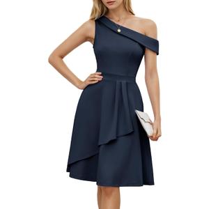 Dressystar Women One Shoulder Ruffle Wedding Guest Dress Spring A Line Wrap Knee Length Cocktail Formal Dresses with Pockets (Blue, M)