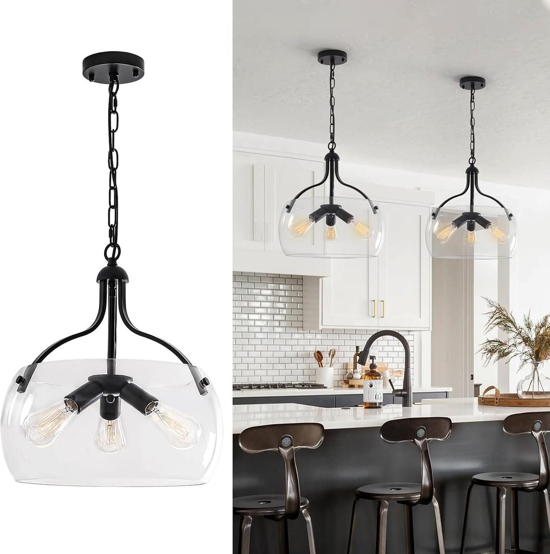 3-Lights Modern Pendant Lights Kitchen Island, Matte Black Hanging Light Fixtures with 15.8" Clear Glass Shade, Industrial Hanging Chandelier for Kitchen Entryway Bedroom Foyer