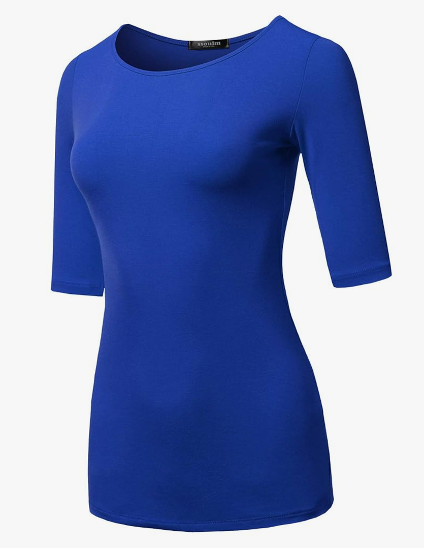 SSOULM Women's Basic Stretchy 1/2 Sleeve Crewneck Slim Fit T-Shirt Top with Plus Size Large, Blue
