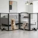 Metal Free Standing Dog Gate with Cat Door for Indoor Outdoor,32" Tall Foldable Dog Fence with Gate,80" Extra Wide Freestanding Pet Gate for Large Openings,Stairs,Deck,Yard,Doorways(4 Panels,Black)