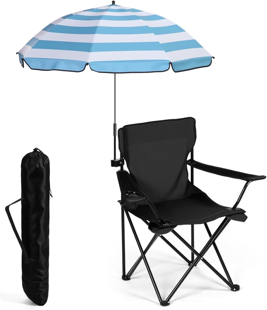 Yuntau 1 Set Beach Chair with Umbrella Foldable Camping Chair Fold up Umbrella with Universal Clamp Large Portable for Outdoors Fishing Camping Hiking Travel Picnic Beach(Black,Blue,White,Striped)