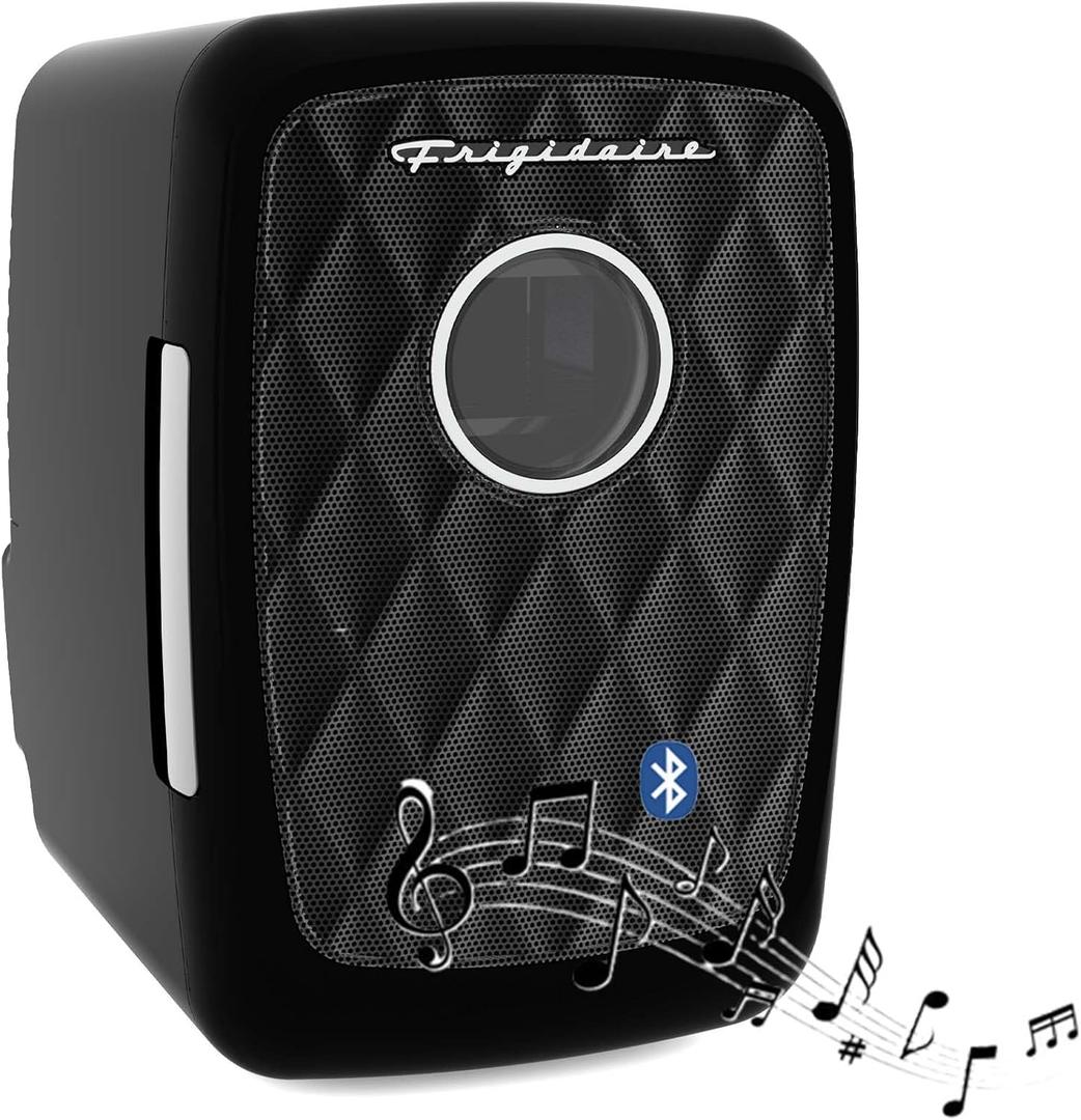 Frigidaire Mini Portable Compact Personal Fridge Cooler, 4 Liter Capacity Chills Six 12 oz Cans, Includes Plugs for Home Outlet & 12V Car Charger - BLACK, BUILT IN BLUETOOTH SPEAKER 