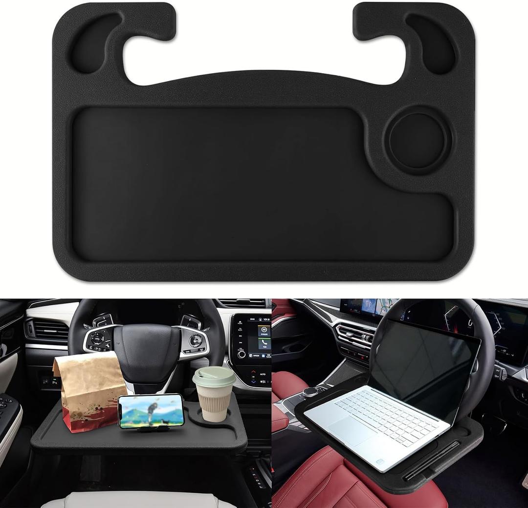 2 in 1 Car Steering Wheel Desk, Car Tray, Car Steering Wheel Desk Tray & Auto Seat Gap Filler Organizer, Multipurpose Travel Auto Steering Wheel Under Table Console for Most Vehicles (Black)