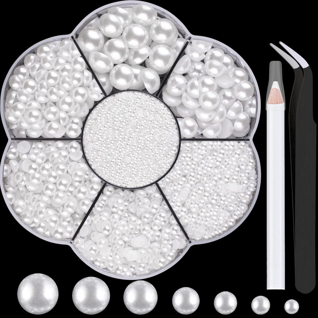 Nail Art Flat Back Half Round Pearl Kits 3, Mixed Sizes 6000 Pcs White Small Pearls for Nails with Picking Tools for Graduation Cap Decorations Home DIY Body Face Craft Salon Use