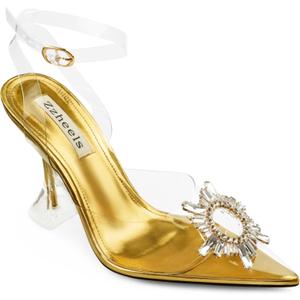 Zzheels Women's High Heel Crystal Slingback Pumps Pointed Toe Strappy Sandals for Party Dating (7.5, 3.74"gold)