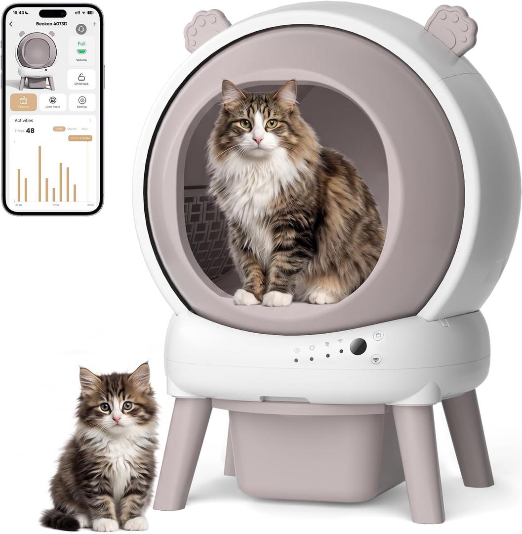 Self Cleaning Litter Box for Multiple Cats, 15L Large Automatic Litter Box with Smart APP Control, 35dB Ultra-Quiet Self-Cleaning Cat Litter Box, Dual Safety Infrared Sensors, Smell-Free, Pink-A