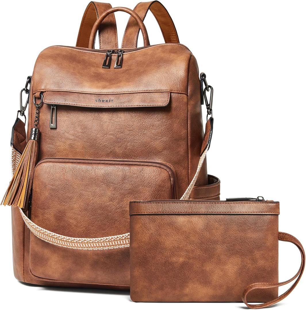 Shrrie Vegan Leather Laptop Backpack for Women 15.6 inch Work Backpack Fashion Travel Backpack Purse for Travel College Work (2 Two-toned Brown)