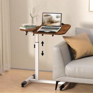Pnettco Adjustable Side Table, Large Overbed Table with Wheels, CTable Adjustable Height Bed Desk Bedside Tv Tray Sofa Couch Laptop Rolling for Living Room/Kitchen, 60 * 40 cm, Brown