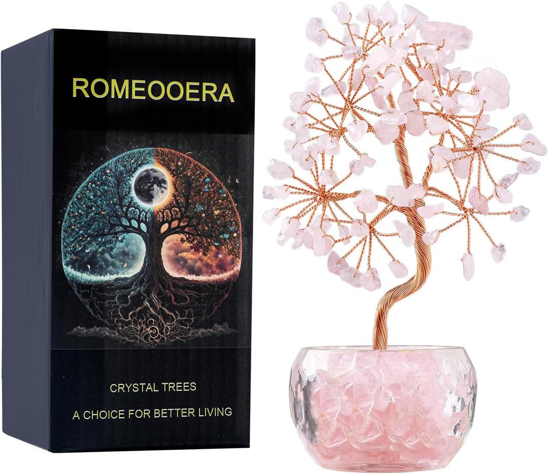 6 inch Rose Quartz Crystal Tree of Life Healing Chakra Tree for Positive Energy, Good Luck Gemstone Money Tree Bonsai Feng Shui Tree for Home Office Desk Decor Reiki Spiritual Gift for Women