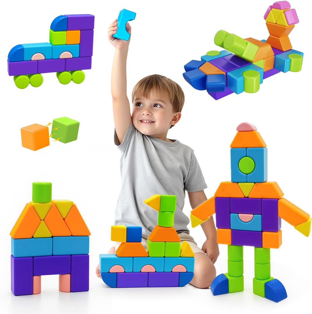 Pairez Toys Magnetic Building Blocks, 37PCS Magnetic Blocks for Kids Ages 4-8, 3D Multi-Shape Stacking Blocks, Sensory Montessori Magnet Cubes Toys for Boys & Girls Ages 4+