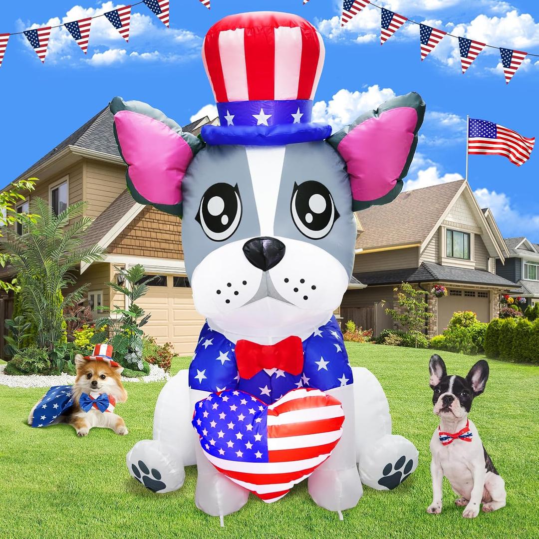 5FT Tall 4th of July Inflatable Puppy Bulldog with Heart American Flag Built-in 2 Bright Led Lights for Blow Up Patriotic Inflatables Outdoor Decorations