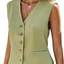 Mina Self Linen Vest Tops For Women Summer Lihtweight Breathable V-Neck Button Fashion Casual Work Beach Vacation Outerwear (Green, XL)