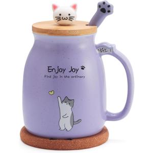 Cute Cat Cup Ceramic Coffee Mug with Kawaii Cat Wooden Lid, Lovely Stainless Steel Spoon, Anime Kitty Thicken Wooden Coaster, Christmas Birthday Cute Thing Japanese Mug 16oz (Purple)