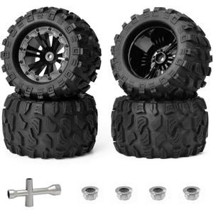 Hosim 75mm RC Wheels and Rubber Tires 12mm Hex for Redcat Volcano 1/10 Scale RC Car Parts, for Traxxas Rustler Stampede 4x4 VXL Hoss, for RIAARIO AMORIL RC Truck Tires RC Vehicle Tires Preglued 4PCS