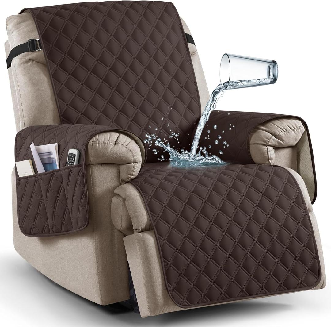 Ruaozz 100% Waterproof Recliner Chair Covers, Non-Slip Reclining Covers for Recliner Chair Washable Chair Cover, Recliner Covers with Pockets for Kids, Dogs, Pets (Chocolate, 30'')