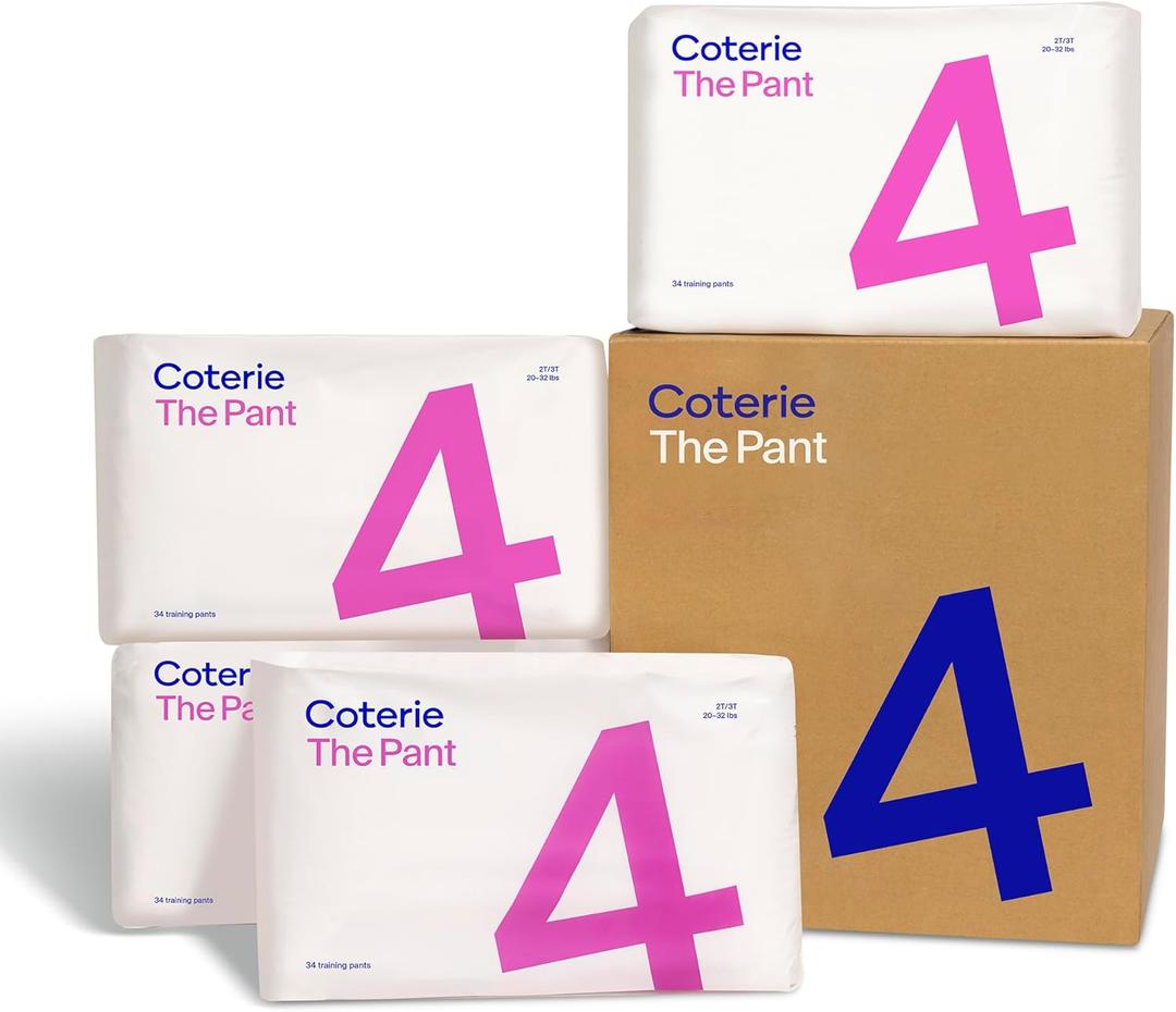 Coterie The Pant, Size 4, Pull Up Style Diapers for Sensitive Skin, Hypoallergenic, Super Absorbent Overnight Leak Protection, 2T/3T (20-32 lbs) 136 Count
