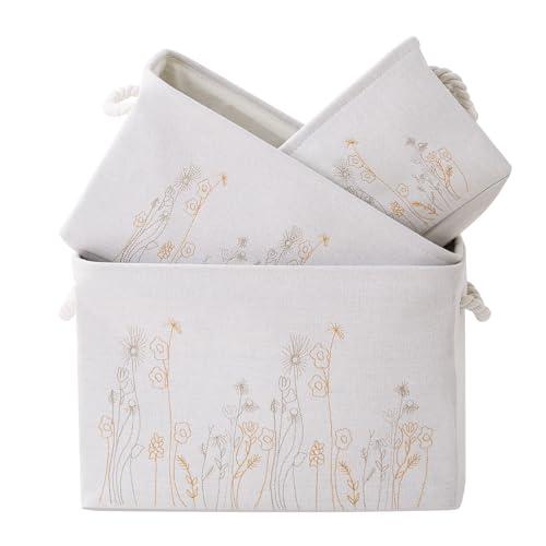 Storage Basket 3 Pack, Fabric Storage Basket for Three Sizes，Floral embroidery,Collapsible Canvas Storage Baskets for Organizing,Shelf,Nursery,Home,Closet,with Cotton Rope Handle(Off White-3PCS)
