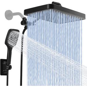 Rain Shower Head with Handheld Spray Combo Set Built-in Power Wash Mode, High Pressure Adjustable 13" Rainfall Dual Shower Head, Double Tandem Shower Head, Waterfall Showerhead Bathroom - Matte Black