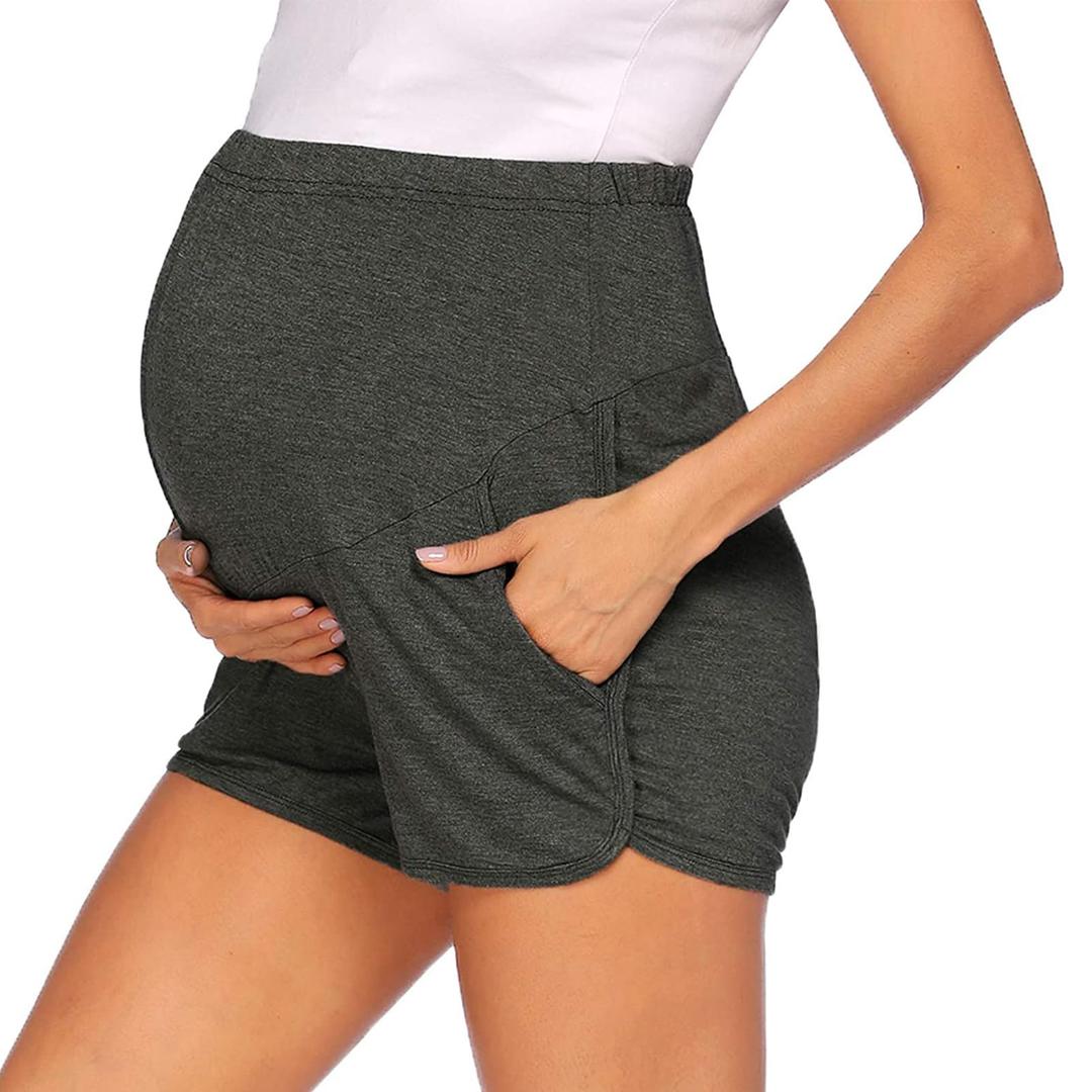 LOKTENPIE Women's Maternity Shorts Over Belly Workout Running Casual Summer Pregnancy Shorts(Dusty Gray, Large)