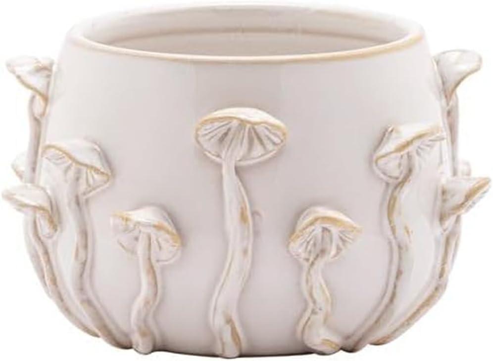 Napco Imports 3D Wild Mushroom Motif 3.25 x 3.75 Inch Distressed Ivory Ceramic Indoor Planter Pot for Small Plants and Succulents