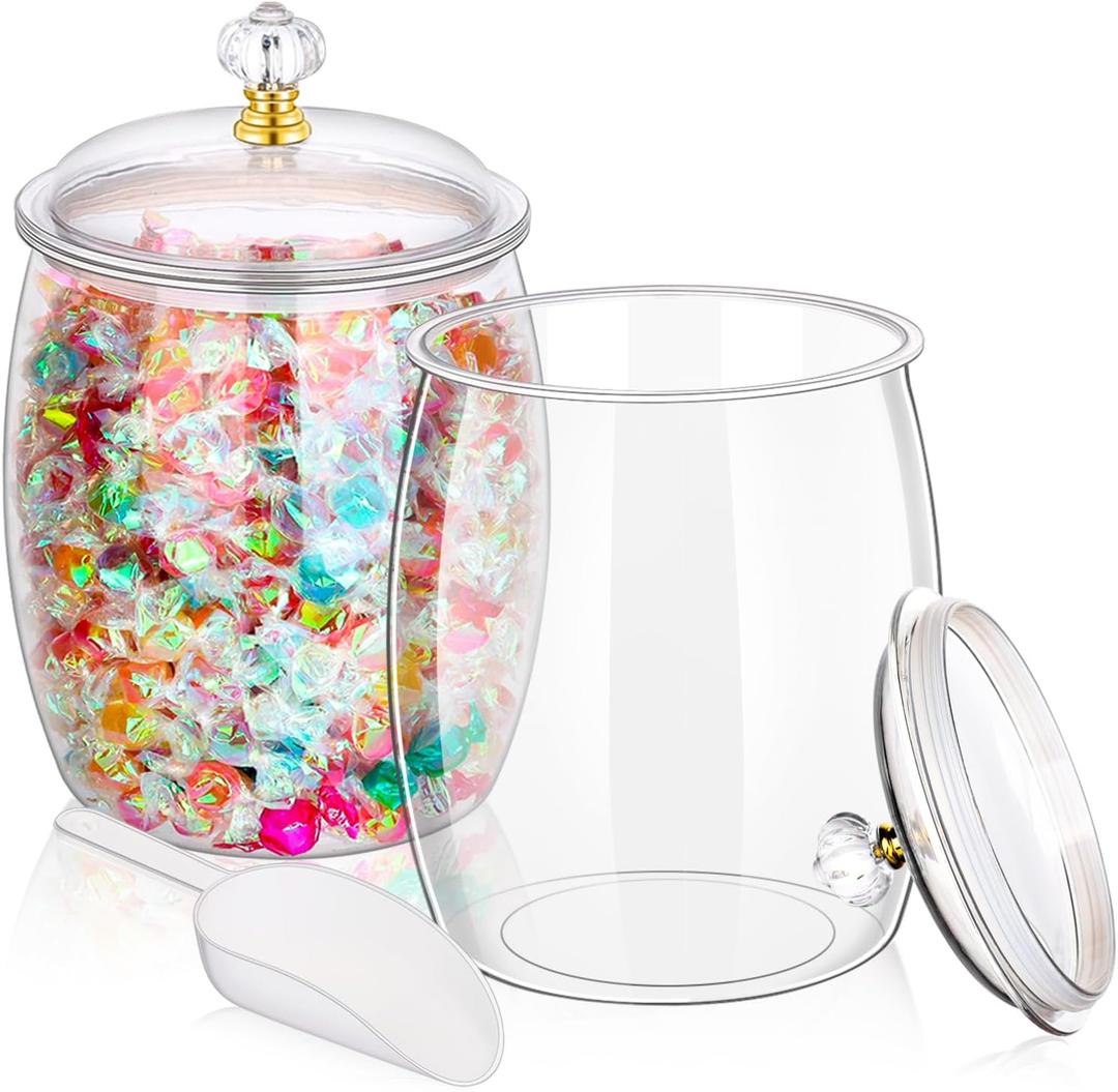 Mwellewm 2Pcs 1 Gallon Candy Jars With Lids&Spoons Clear Plastic Cookie Container Large Airtight Apothecary Storage Organization Hard Snack Buffet Canister for Wedding Home Kitchen Bar Decoration