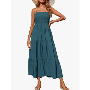 Women's Summer Maxi Dress 2025 Casual Boho Sleeveless Spaghetti Strap Smocked Tiered Long Beach Sundresses M